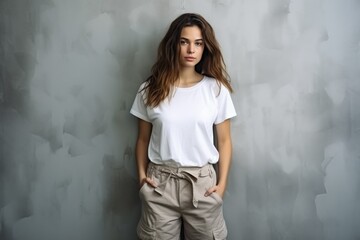 Beautiful woman in a white T-shirt and cotton cargo trousers against a gray wall. Urbanism.