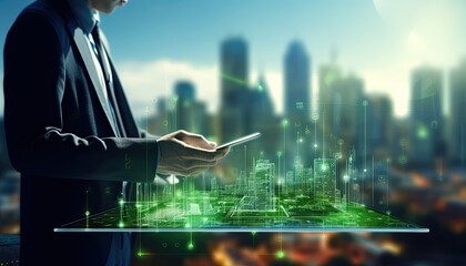 Human interaction of advanced technology based on AI hologram with greenery city concept, eco-friendly city with hologram network light bulb screen icons for energy source renewable.