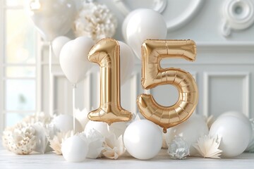 15. Hochzeitstag, 15. Hochzeitsjubiläum, Kristallhochzeit, "15" aus goldenen Heliumballons vor festlichem Hintergrund