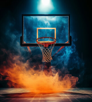 Creative photograph of basketball backboard in dark with orange smoke effect.