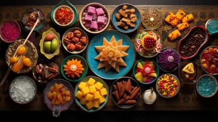  a table topped with bowls filled with different types of desserts and candies on top of a wooden table. - obrazy, fototapety, plakaty
