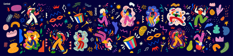 Carnival party. Carnival collection of colorful cards. Design for Brazil Carnival. Decorative abstract illustration with colorful doodles. Music festival illustration	
