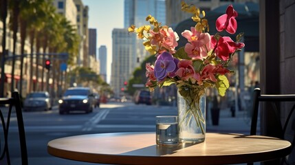  a vase filled with flowers sitting on top of a table next to a glass of water on a wooden table.