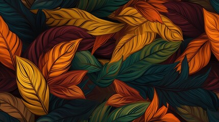  a bunch of different colored leaves on a black background with orange, yellow, and green leaves in the center of the image.