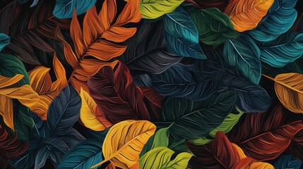  a close up of a painting of a bunch of leaves on a black background with orange, green, yellow, and red colors.