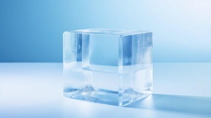  a square ice cube sitting on top of a white counter top in front of a blue and light blue background.