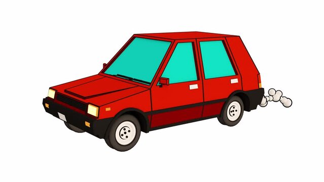 3d cartoon red car. Red car in the style of a drawing with an outline. Looped animation with alpha channel.