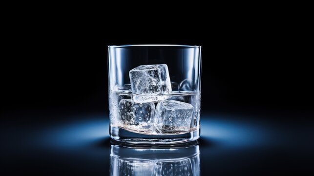  a glass filled with ice cubes sitting on top of a reflective surface with the reflection of the ice cubes in the glass.