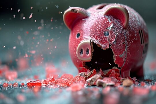 Broken Piggy Bank, Capturing the essence of financial misfortune, this image features a shattered piggy bank, symbolizing wasted or mismanaged savings and investments with money spilling out.