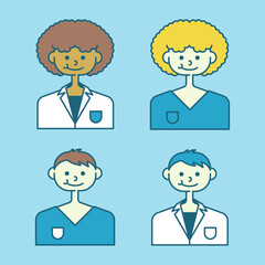 Image of 4 characters of medical works on a blue background. Vector illustration on a medical theme.