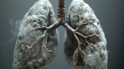Smoker lungs concept. Breathe organ after cigarette. Inside human body. Nicotine addiction risk. Bad dangerous habit. No stop smoking. Unhealthy bronchi 3d. Carcinoma infection. - obrazy, fototapety, plakaty