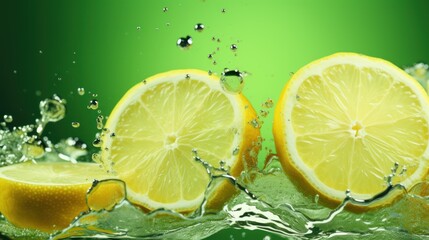  two lemons cut in half with water splashing around them on a green background with a splash of water.
