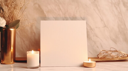 Elevate Your Business Concept: Top View of Candles, Rattan Mat, Craft Paper, Gold Pen, and Eucalyptus on White Marble