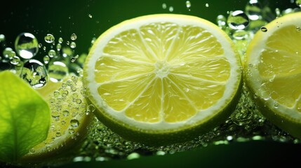  a close up of a sliced lemon with water droplets on the top and a green leaf on the bottom of it.