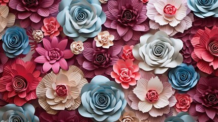  a bunch of paper flowers sitting on top of a bed of red, pink, blue and white paper flowers.