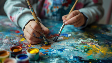 Naklejka premium children's hands close-up drawing with paints development of creative abilities concept
