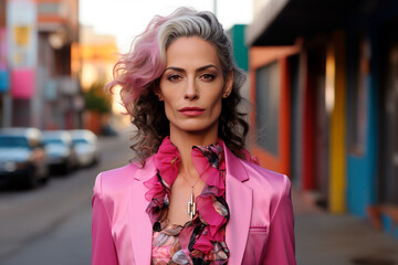 Beautiful bright transgender woman with pink hair and clothes close-up, portrait, cityscape - obrazy, fototapety, plakaty