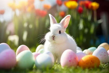 spring white fluffy rabbit sits on the grass near Easter eggs against a background of tulip flowers. Holiday concept and background for postcard