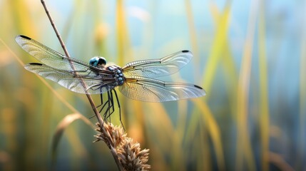  a close up of a dragonfly sitting on top of a plant with long grass in the foreground and a blue sky in the background.