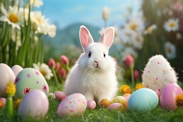 Fototapeta premium cute fluffy easter bunny sitting on the grass near colorful easter eggs
