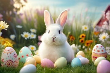 a beautiful cute white fluffy Easter bunny sits on the grass near multi-colored Easter eggs against the background of blooming flowers