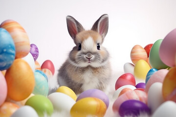Easter bunny sits on a white background and looks out from behind a mountain of colorful Easter eggs