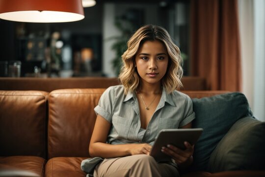 woman sitting on sofa at home, Portrait of a business woman, beautiful confident woman indoors background