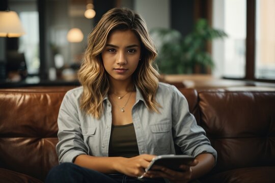 woman sitting on sofa, Portrait of a business woman, beautiful confident woman indoors background