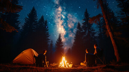 Camping Harmony: A family gathered around a crackling campfire, silhouetted against a canopy of stars in a dark but peaceful forest. 