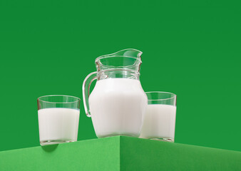 Fresh milk in glasses and jug. Healthy drink in the morning breakfast.
