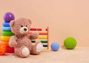 Concept of the happy and fun childhood. Cute toys for children. Copy space for text.