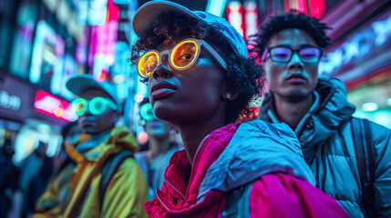Obraz premium Fluorescent Fantasy Gathering: Capture diverse individuals, each expressing their unique style, reminiscent of Tokyo at midnight. 
