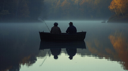 Lakeside Reflections: An elderly couple fishing from a rowboat, their peaceful silhouettes mirrored...