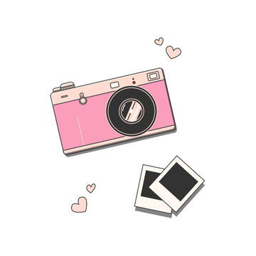 Pink camera in retro style and pictures. Vector cute illustration for Valentine's Day