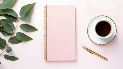 Stylish Feminine Workspace with Pink Diaries, Gold Pen, and Eucalyptus Sprig on White Background – Modern Office Organization and Inspiration for Creative Professionals