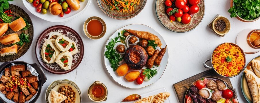 Concept Of Ramadan With Food And Accessories On White Background, Top View