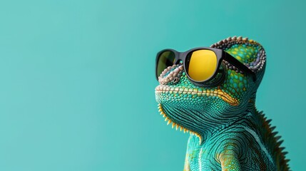 Chameleon wearing sunglasses on a blue color background - obrazy, fototapety, plakaty