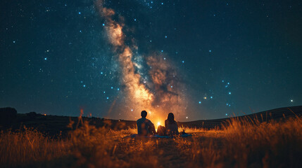 Starry Soiree: A group of friends lying on a picnic blanket in a meadow, their faces lit by the...