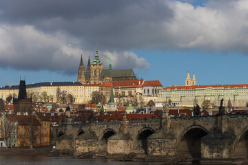 Gorgeous view to the castle district with St. Vitus cathedral in the beautiful city of Prague.