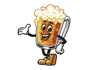 Beer glass with welcoming hand cartoon mascot illustration character vector clip art hand drawn