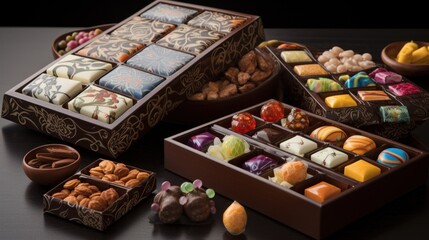  a box of assorted chocolates sitting on a table next to a bowl of nuts and a bowl of candies.