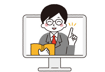 パソコンと男性講師。オンラインやリモートで説明をしている社会人。
