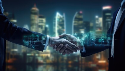 Human interaction of advanced technology based on AI hologram with greenery city concept, eco-friendly city with hologram network light bulb screen icons for energy source renewable.