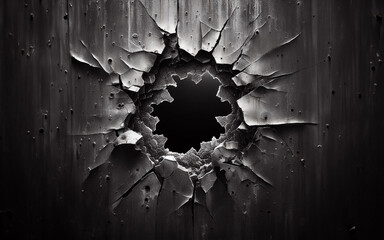 Holes were drilled into the steel wall. Exploding a circular hole in the wall The steel was pierced. - obrazy, fototapety, plakaty