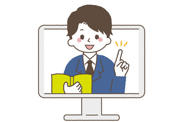 パソコンと男性講師。オンラインやリモートで説明をしている社会人。