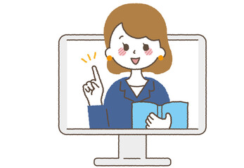 パソコンと女性講師。オンラインやリモートで説明をしている社会人。