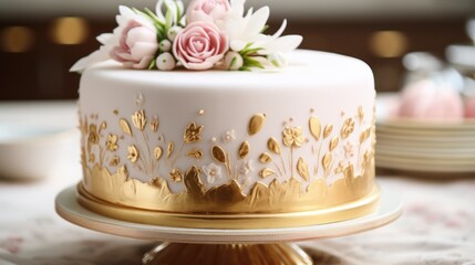Fototapeta na wymiar a white and gold decorated cake sitting on top of a gold platter on top of a white table cloth.