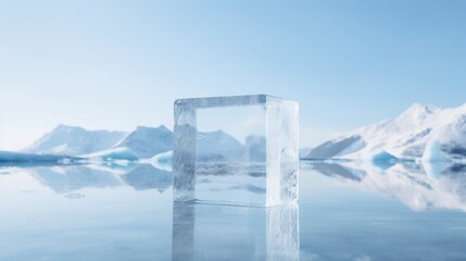  an ice block sitting in the middle of a body of water with icebergs and mountains in the background.