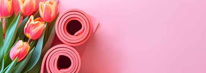 Rolled up in the shape of a number 8 sports mats and tulips on a soft pink background. Concept of...