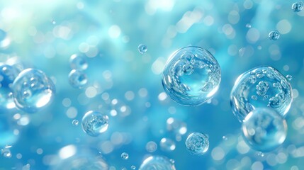 essential Oil Bubbles for cosmetics in water. blue liquid bubbles, fluid flow. Collagen, atoms floating, Moisturizing Cream, Skin Serum, Vitamin, beauty concept,